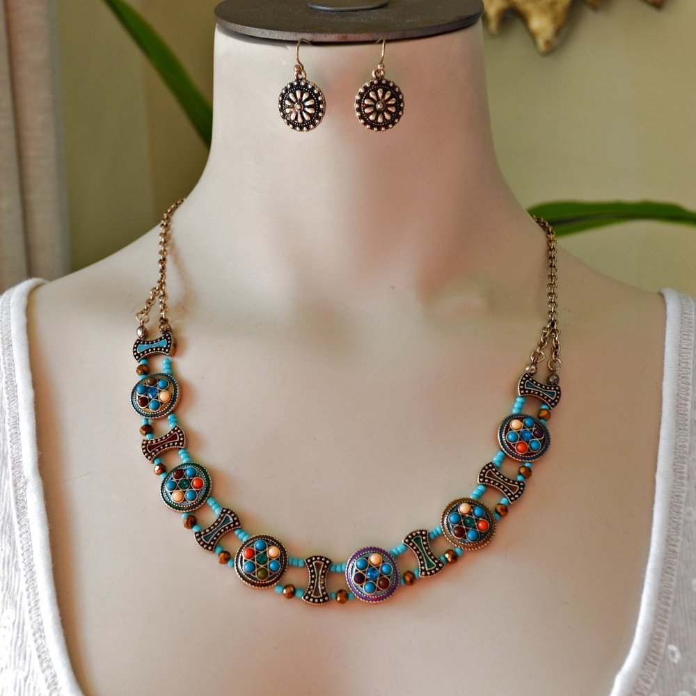 Makarlon Boho Turquoise Multicolor Bead Necklace Earring Set NEW